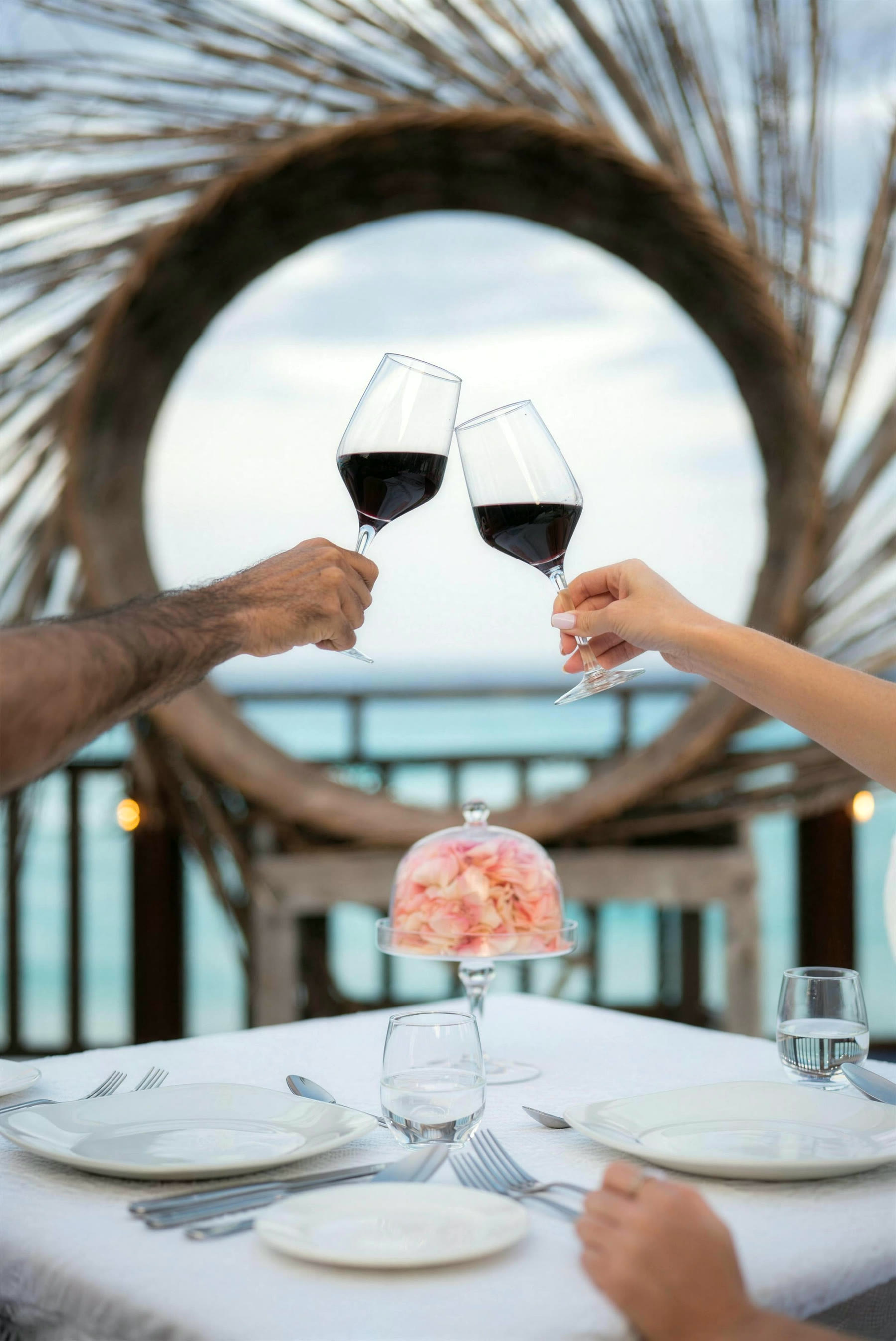 Brinde com vinho tinto à beira-mar